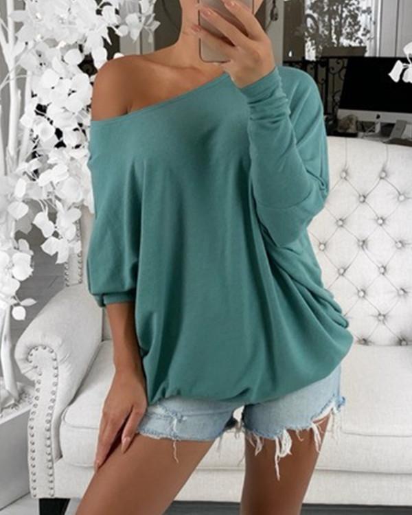 Solid One-Shoulder Batwing Sleeve Long Sleeves Casual T-shirts