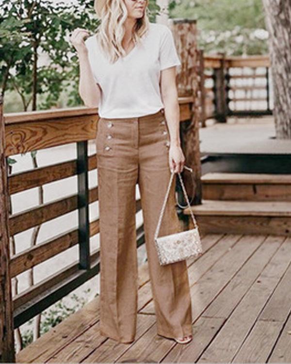 Solid Color High Waist Casual Button Wide Leg Pants