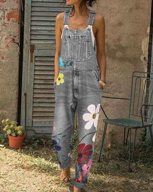 Sleeveless Denim Floral Floral-Print One-Pieces Jumpsuits
