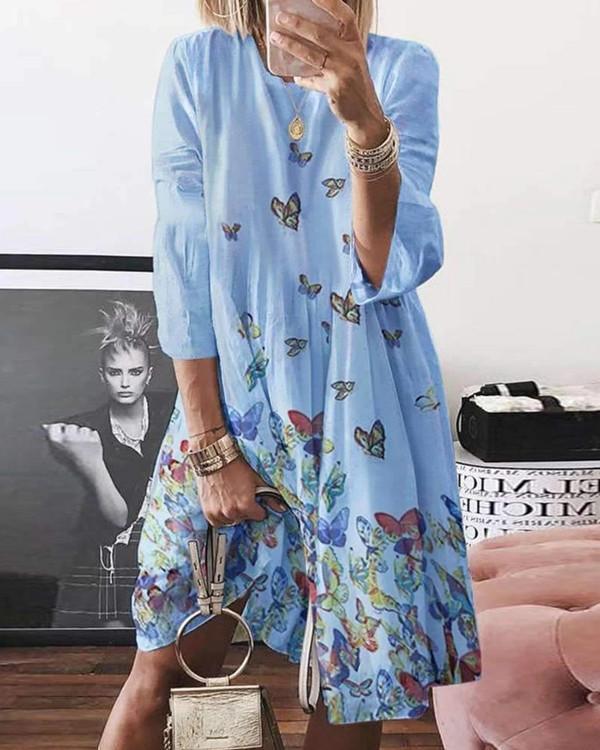 Normal Butterfly Casual Long-Sleeved Dresses