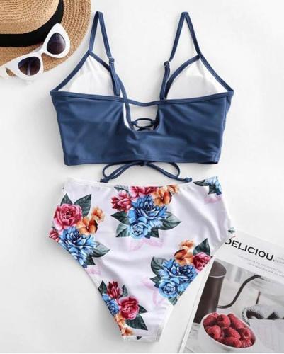 Lace-up Floral Leaf Tankini Swimsuit