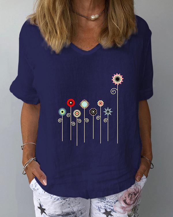 Women Floral Printed V-Neckline Half Sleeve Casual T-shirts