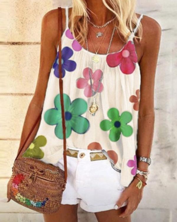 Print Floral Spaghetti Strap Sleeveless Casual Tank Tops