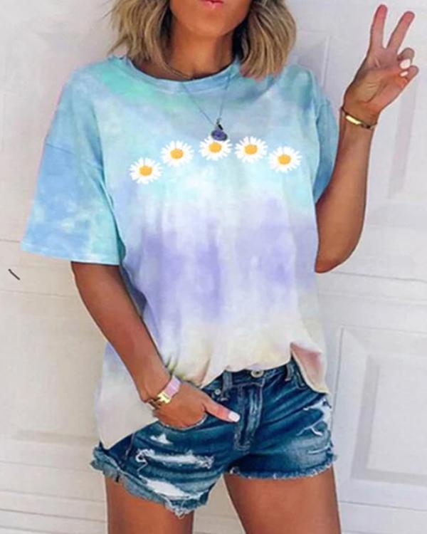 Daisy Tie-Dye Print Crew Neck Casual T-Shirts & Tops