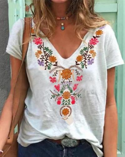 Vintage Casual Plus Size Floral Printed Tee Shirts Tops