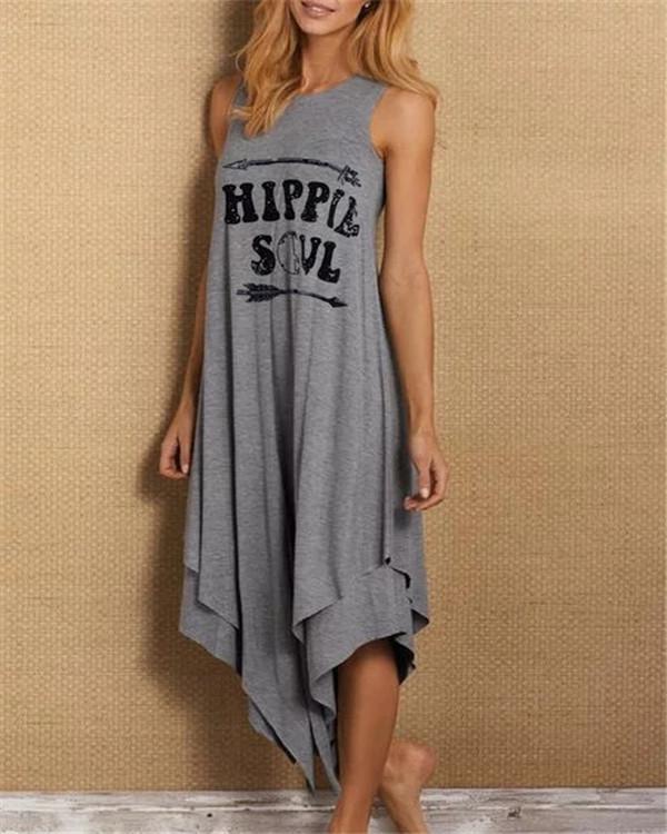 Sleeveless Asymmetric Letter Printed Casual Dresses