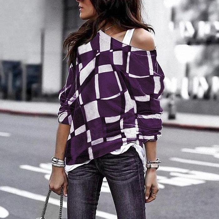 Plus Size Long Sleeve Vintage Geometric Cotton T-Shirts Tops