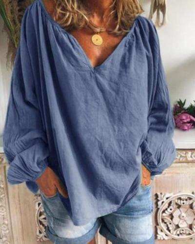 Solid Color V-neck Long-sleeved Wild Casual Shirt