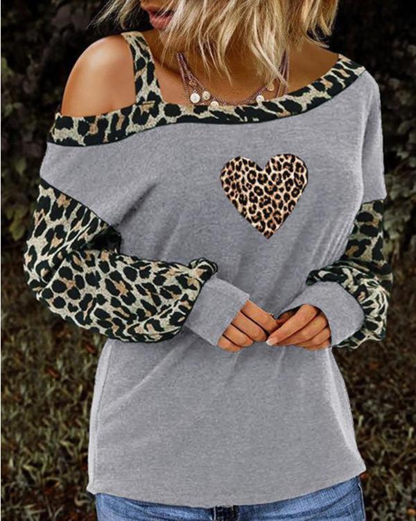 Print Leopard Cold Shoulder Long Sleeves Casual Blouses