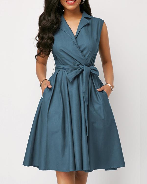 Sleeveless Solid Color Lapel Tie A-Line Dress