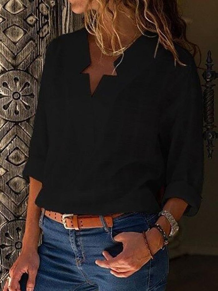 Sexy V Neck Pure Color Long Sleeve Blouses
