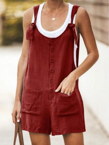 Solid Color Pocket With Cotton And Linen Strap Jumpsuits