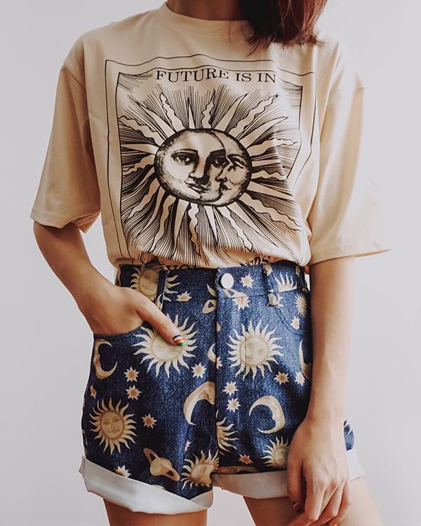 Round Neck Short Sleeve Printed Top T-Shirt