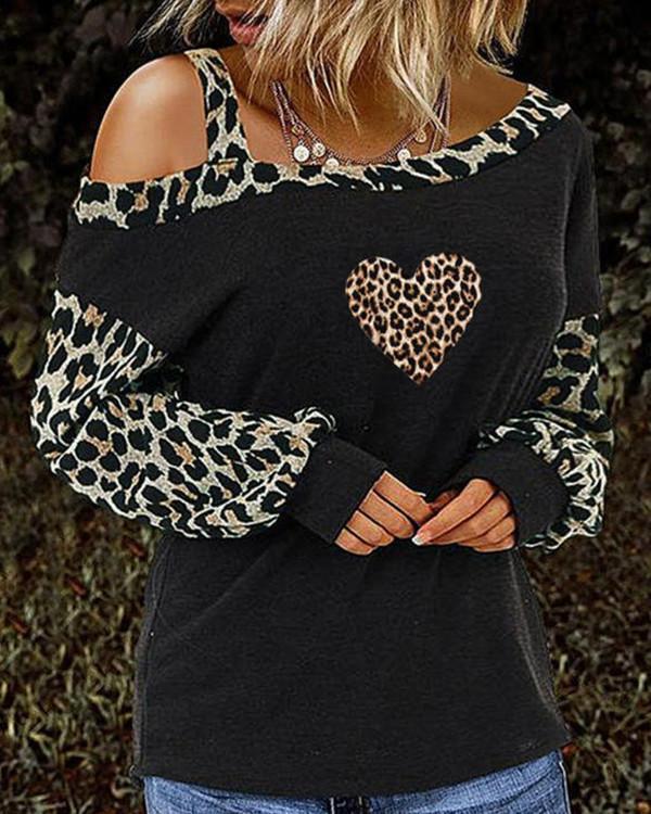 Print Leopard Cold Shoulder Long Sleeves Casual Blouses