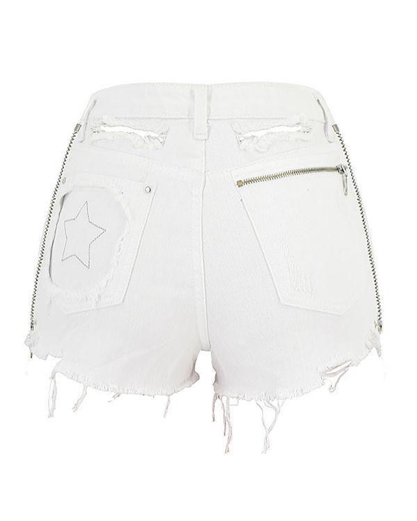 Pocket Star Embroidery Zipper Decor Ripped Shorts Jeans