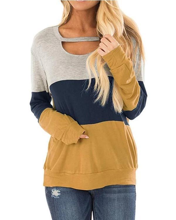 Women Long Sleeve Scoop Neck Stitching Casual Top