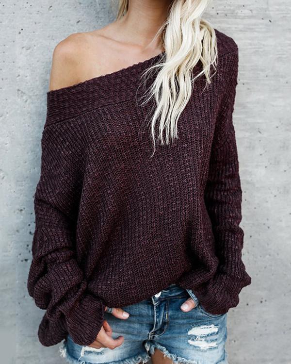 Women Long Sleeve Shoulder Solid Sweater Tops