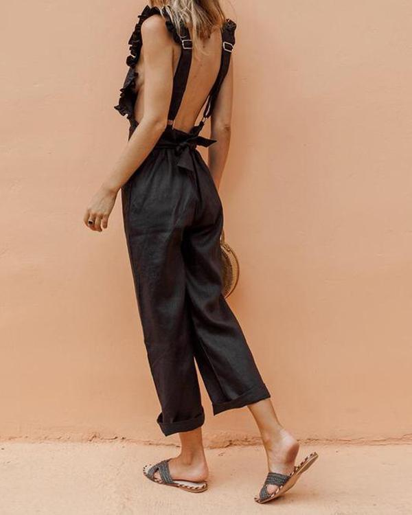 Ruffled Backless Sexy Linen Plus Size Jumpsuit