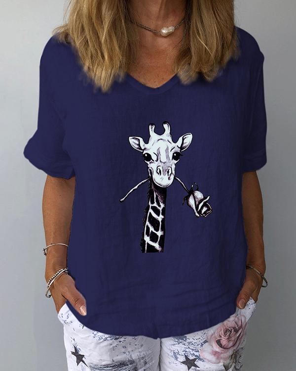 Animal Printed V-Neckline Half Sleeve Casual T-shirts