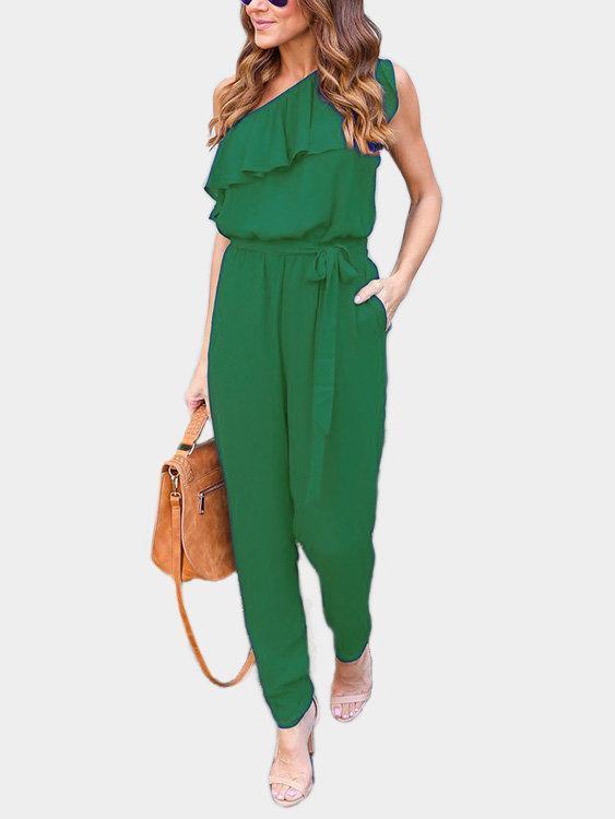 Tiered Design One Shoulder Sleeveless Jumpsuits