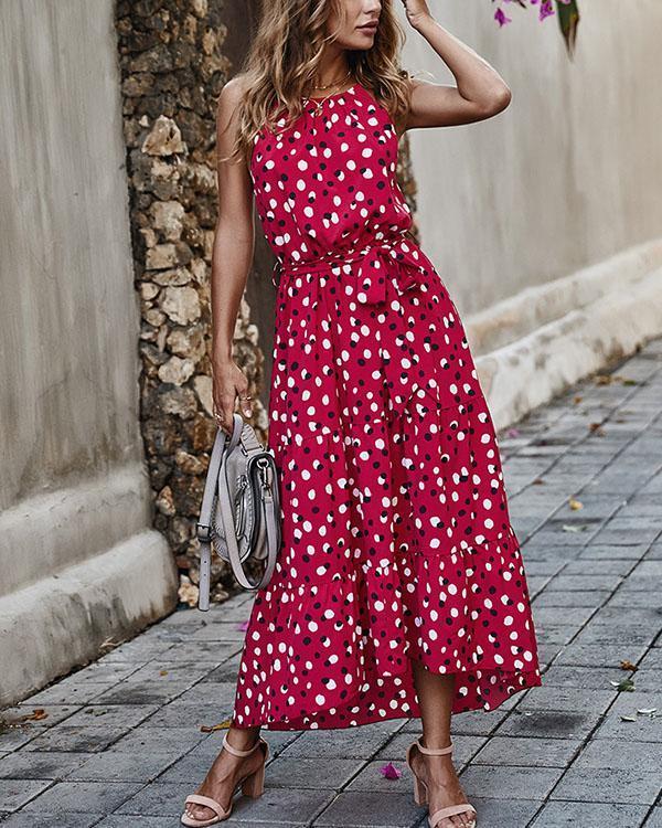 Polka Dot Frilled Front Collar Halter Neck Lace-up Holiday Maxi Dresses