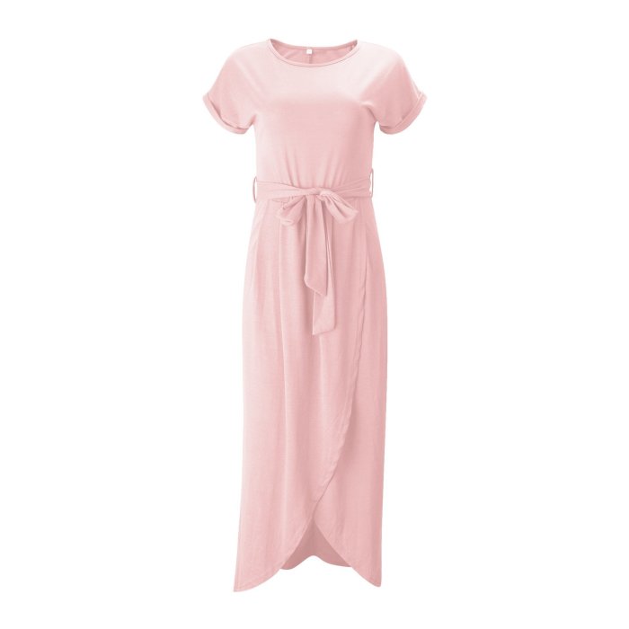 Solid Color Split-front Round-neck Maxi Dress