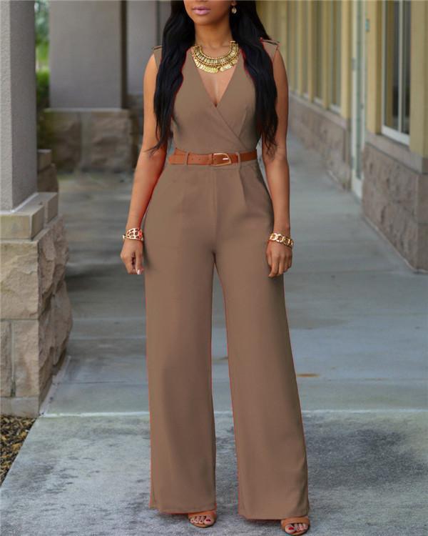 V Neck Solid Casual Short Sleeve Jumpsuits