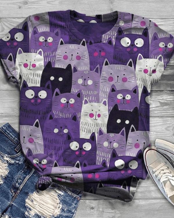 Cat Printed Casual Crew Neck Cotton-Blend Shirts & Tops