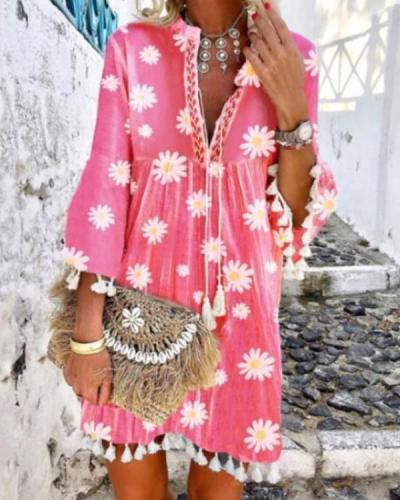 Women Boho Holiday Floral Tassel Sweet V Neck A-lined Mini Summer Dresses