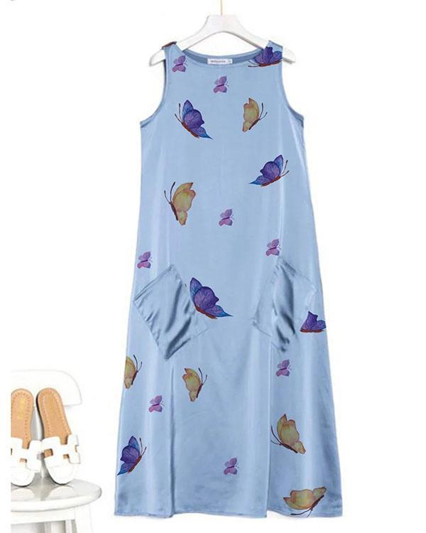 Butterfly Printed Big Pocket Casual Maxi Dress