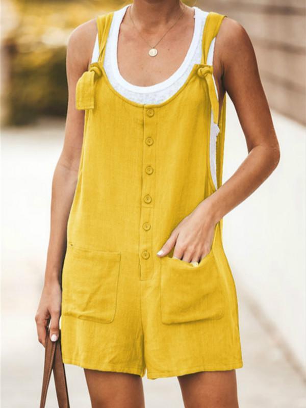 Solid Color Pocket With Cotton And Linen Strap Jumpsuits