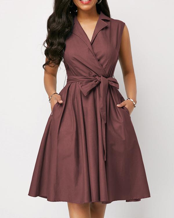 Sleeveless Solid Color Lapel Tie A-Line Dress