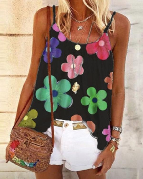 Print Floral Spaghetti Strap Sleeveless Casual Tank Tops