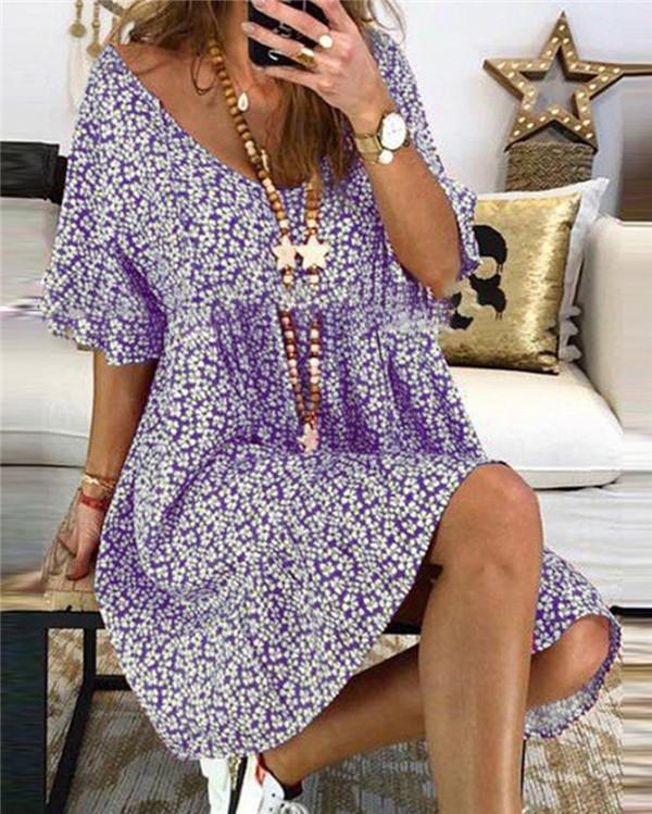 Casual Floral Printed Crew Neck Short Sleeve Plus Size Dress