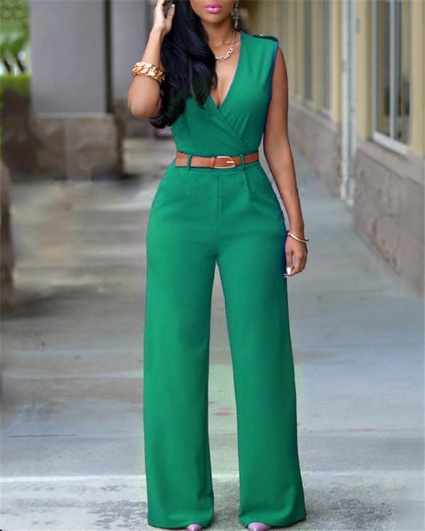 V Neck Solid Casual Short Sleeve Jumpsuits
