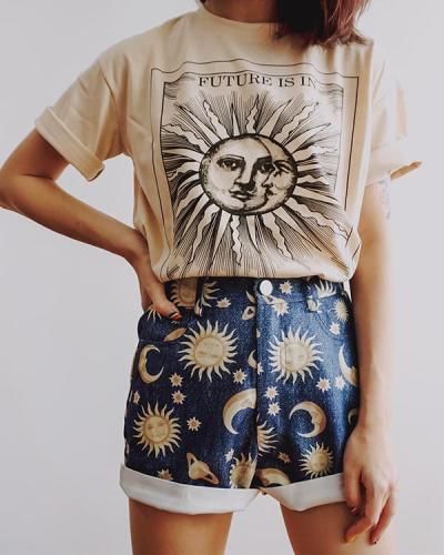 Round Neck Short Sleeve Printed Top T-Shirt