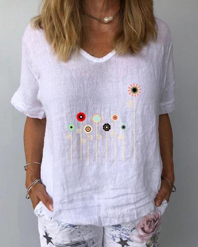 Women Floral Printed V-Neckline Half Sleeve Casual T-shirts