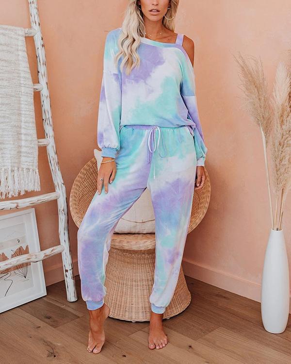 Tie Dye Lougewear Sexy Long Sleeves Top And Pants Sets