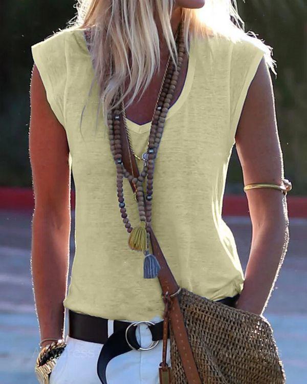 Solid Color  V-neck Sleeveless Casual T-shirt
