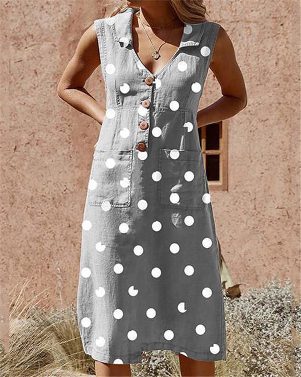 Plus Size Elegant Buttoned Down Polka Dot Pockets Dress