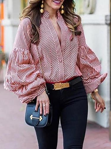 Balloon Sleeve Elegant Gingham Stand Collar Blouse