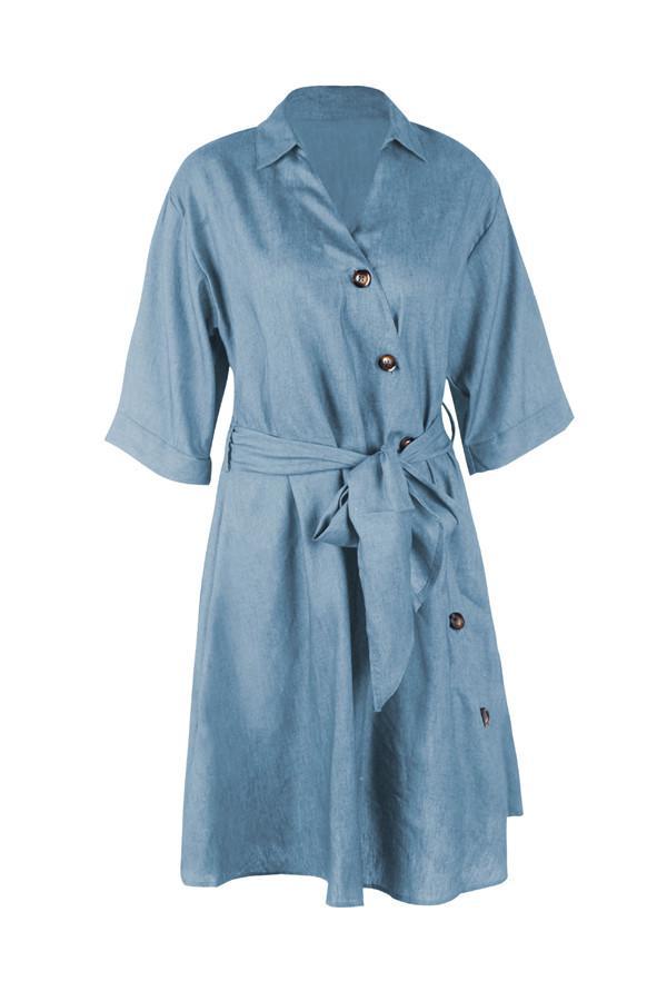 Tie Waist Button Down Elegant Shirt Dress 3/4 Sleeve Casual Dress