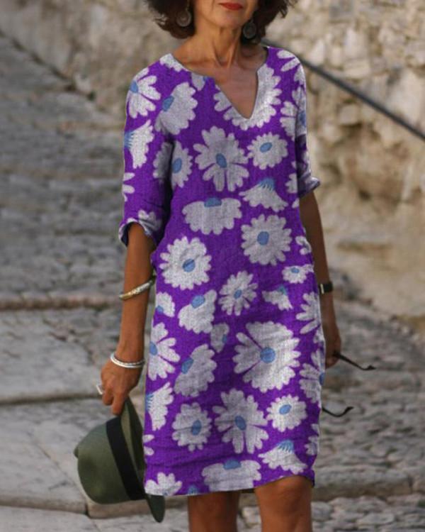 US$ 29.98 - Vintage Floral Print V-neck Half Sleeves Midi Dress - www ...