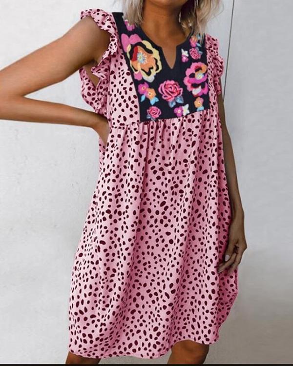 Cow Printed Splicing Floral Ruffled Casual Dress