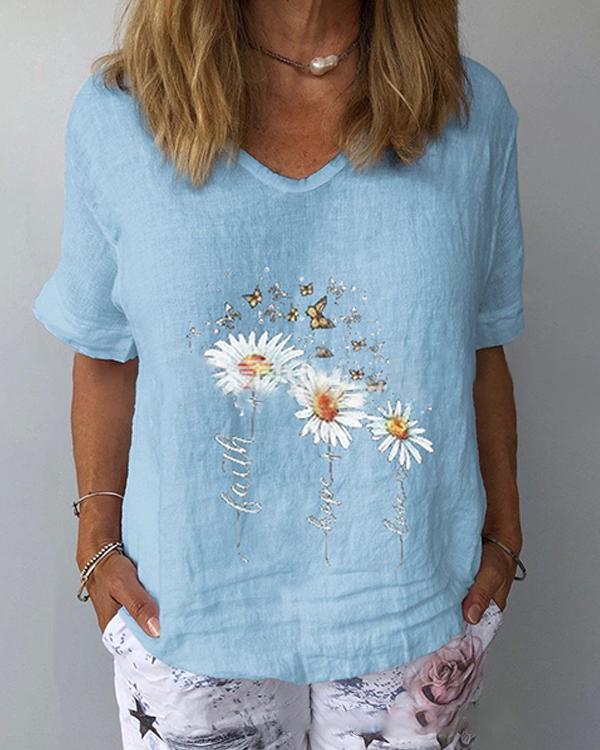 Floral V-Neckline Half Sleeve Casual T-shirts