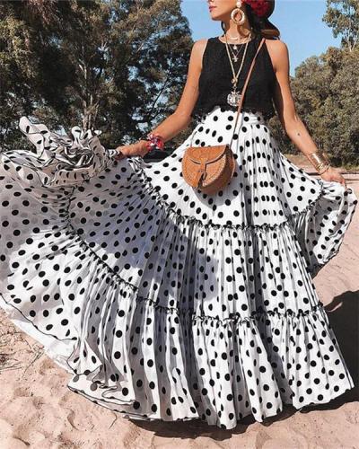 Polyester Polka Dot Floor-Length Pleated Skirts Flared Skirts A-Line Skirts