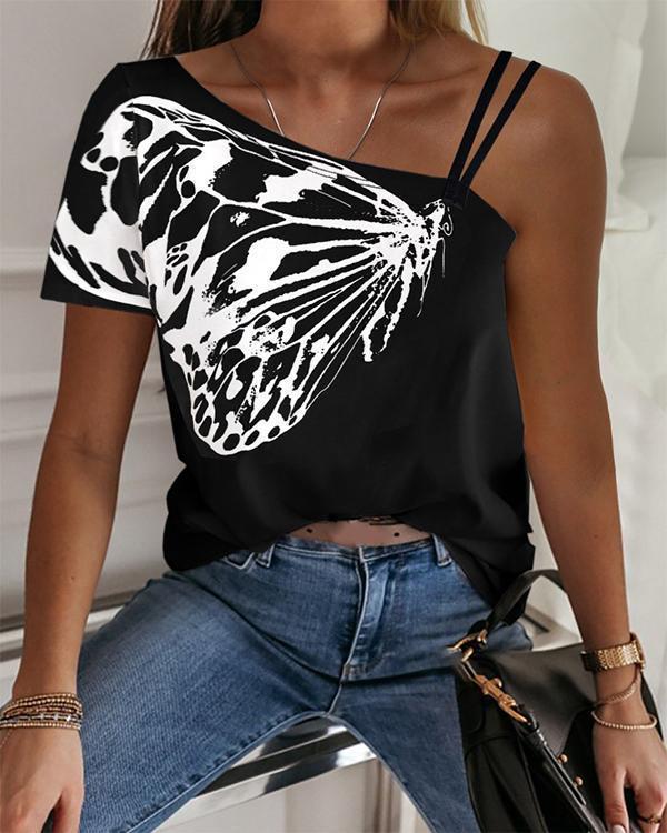 One Shoulder Butterfly Print Casual T-shirt