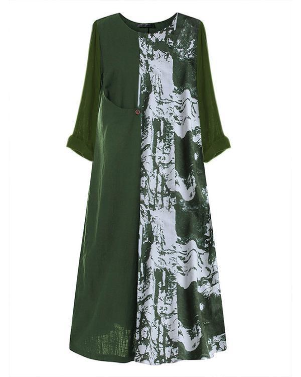 Vintage Crew  Neck Summer Long Sleeve Printed Long Sleeve  Maxi Dresses