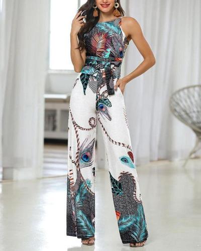 Sleeveless Round Neck Printed Jumpsuit