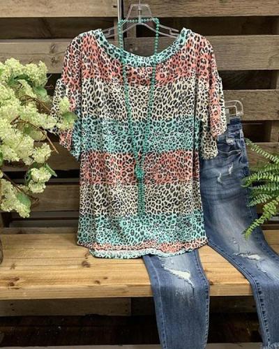 O-Neck Cotton Leopard Printed Casual Shirt & Top